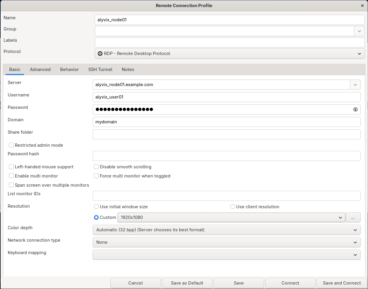 The RDP Client connection details